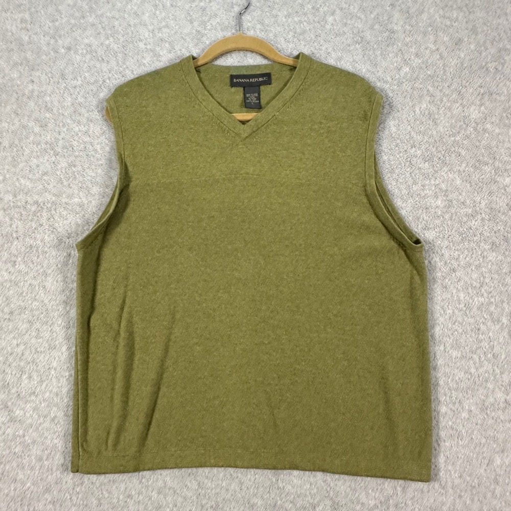 Y2K Banana Republic Men's Large Olive Green 100% Cotton V-Neck Sweater Vest